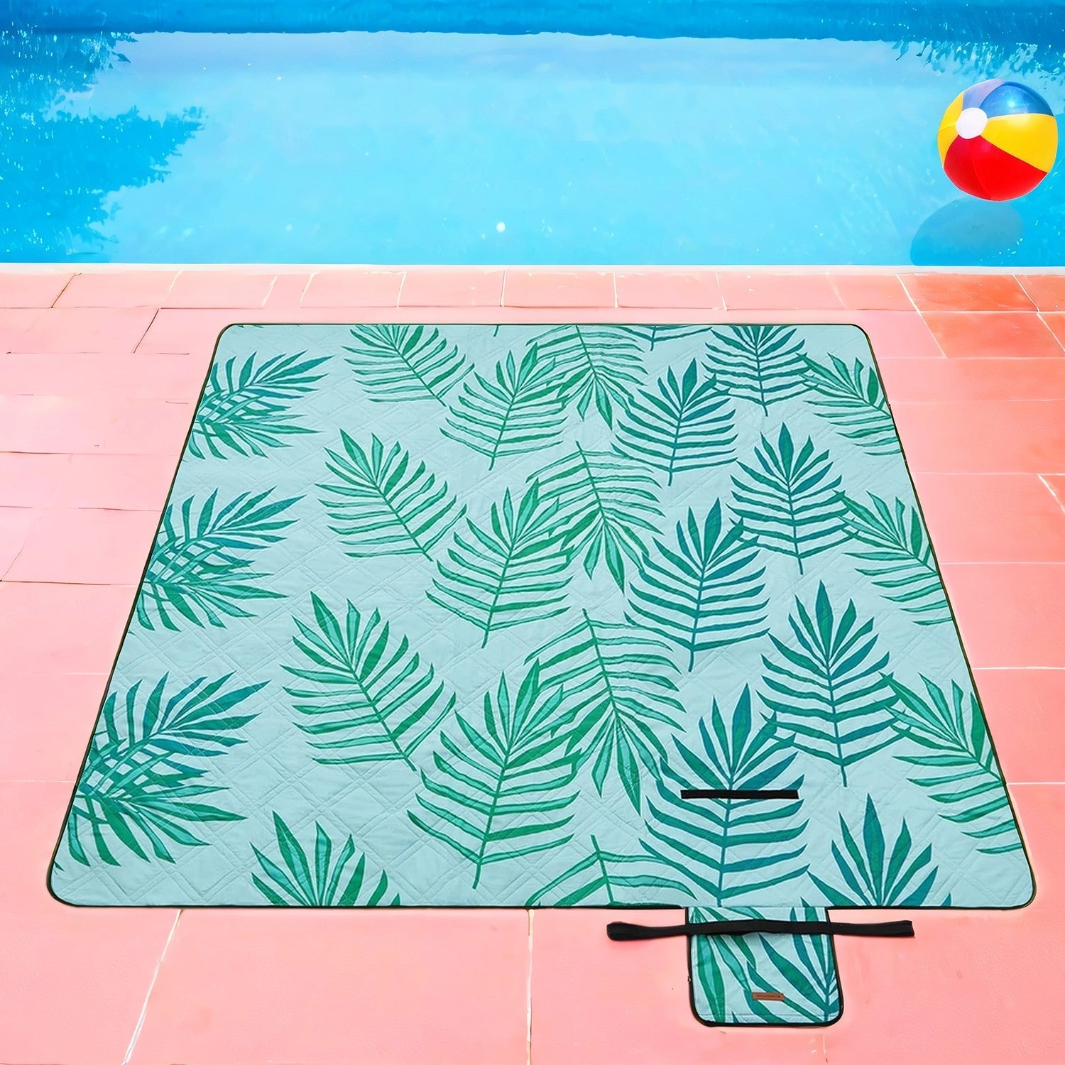 Large Waterproof Picnic Blanket – Fabric – Fern Pattern and Blue – Machine Washable, Foldable