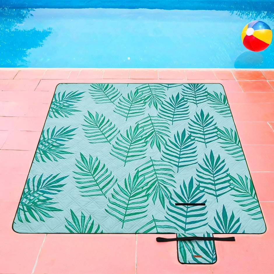 Large Waterproof Picnic Blanket – Fabric – Fern Pattern and Blue – Machine Washable, Foldable