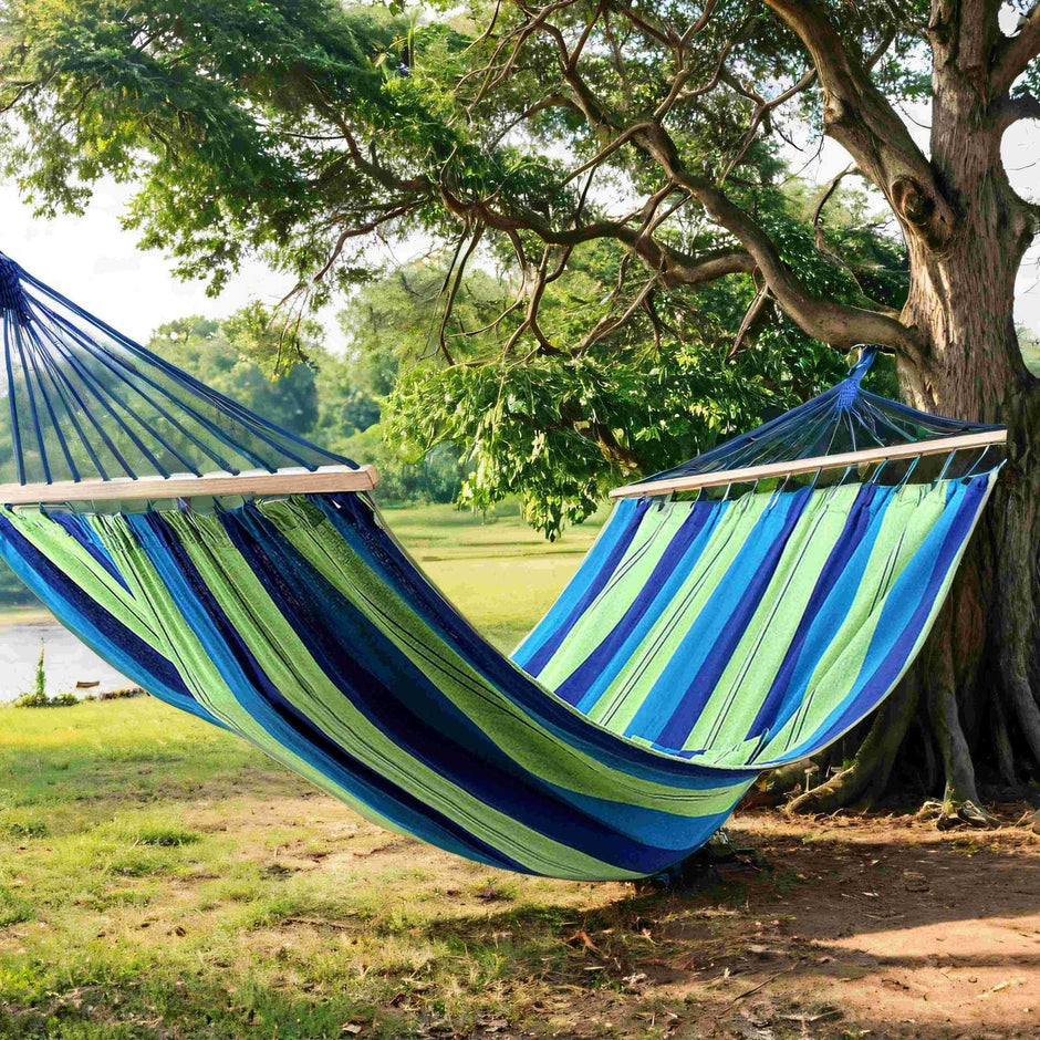 Hammock – Fabric and Wood – Grey/Blue and Green Stripes – Includes 2 Pillows, 300 kg Load Capacity