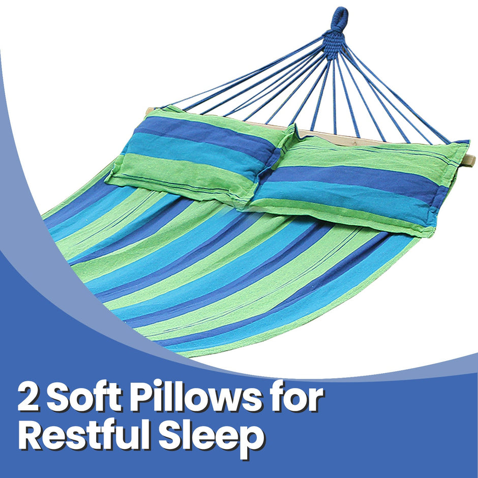 Hammock – Fabric and Wood – Grey/Blue and Green Stripes – Includes 2 Pillows, 300 kg Load Capacity