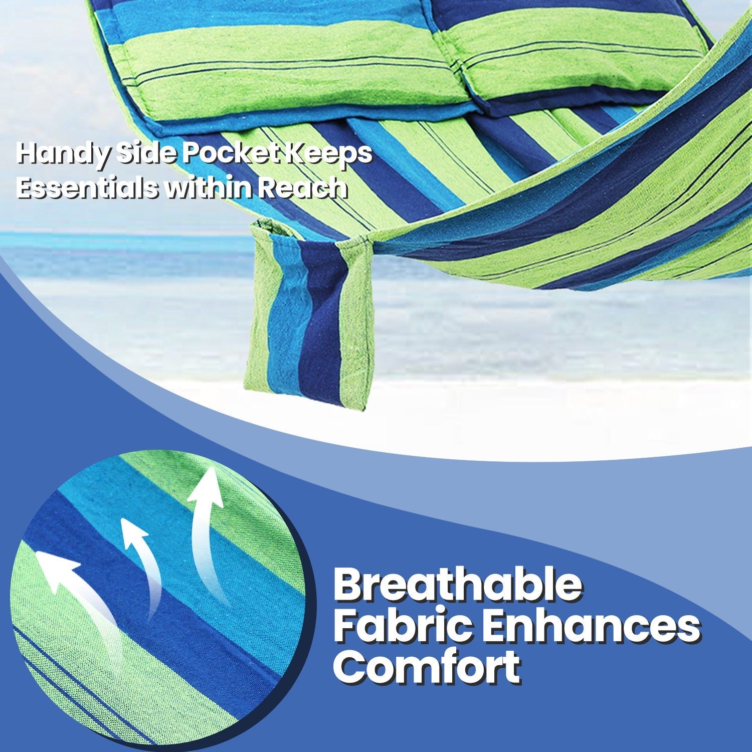 Hammock – Fabric and Wood – Grey/Blue and Green Stripes – Includes 2 Pillows, 300 kg Load Capacity