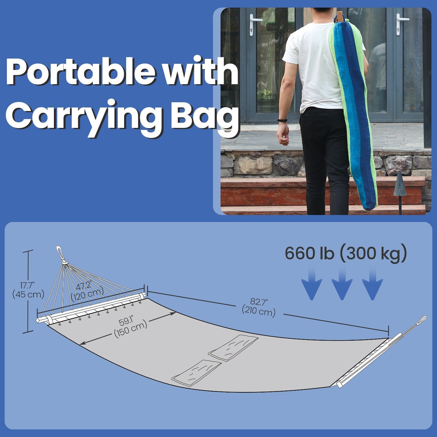 Hammock – Fabric and Wood – Grey/Blue and Green Stripes – Includes 2 Pillows, 300 kg Load Capacity