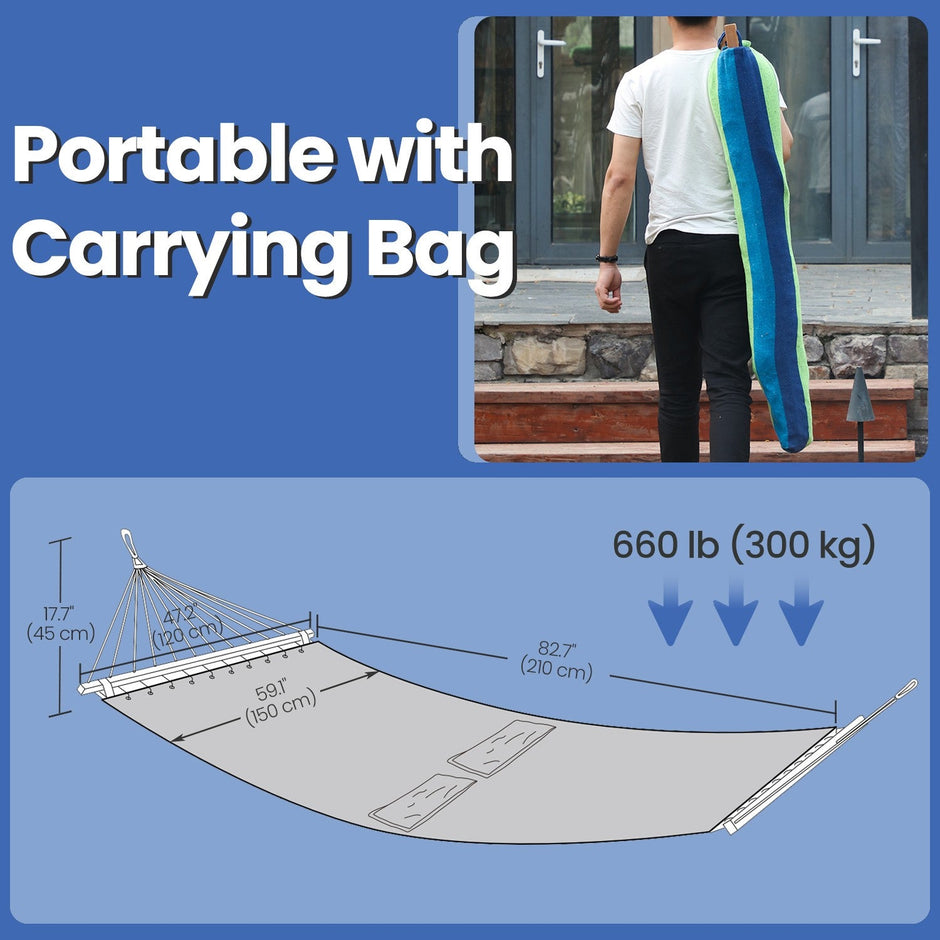 Hammock – Fabric and Wood – Grey/Blue and Green Stripes – Includes 2 Pillows, 300 kg Load Capacity
