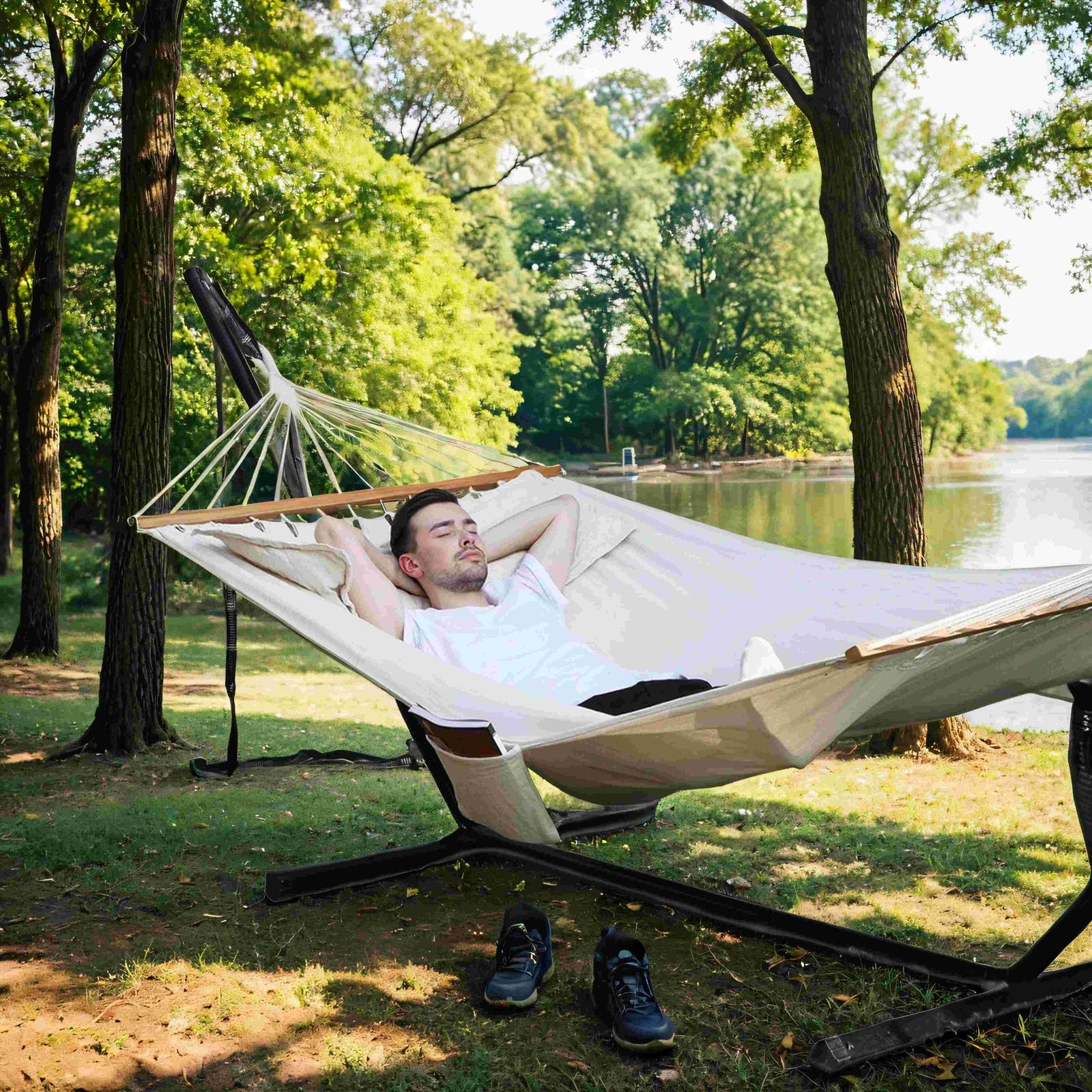 Hammock – Fabric and Wood – Grey/Blue and Green Stripes – Includes 2 Pillows, 300 kg Load Capacity