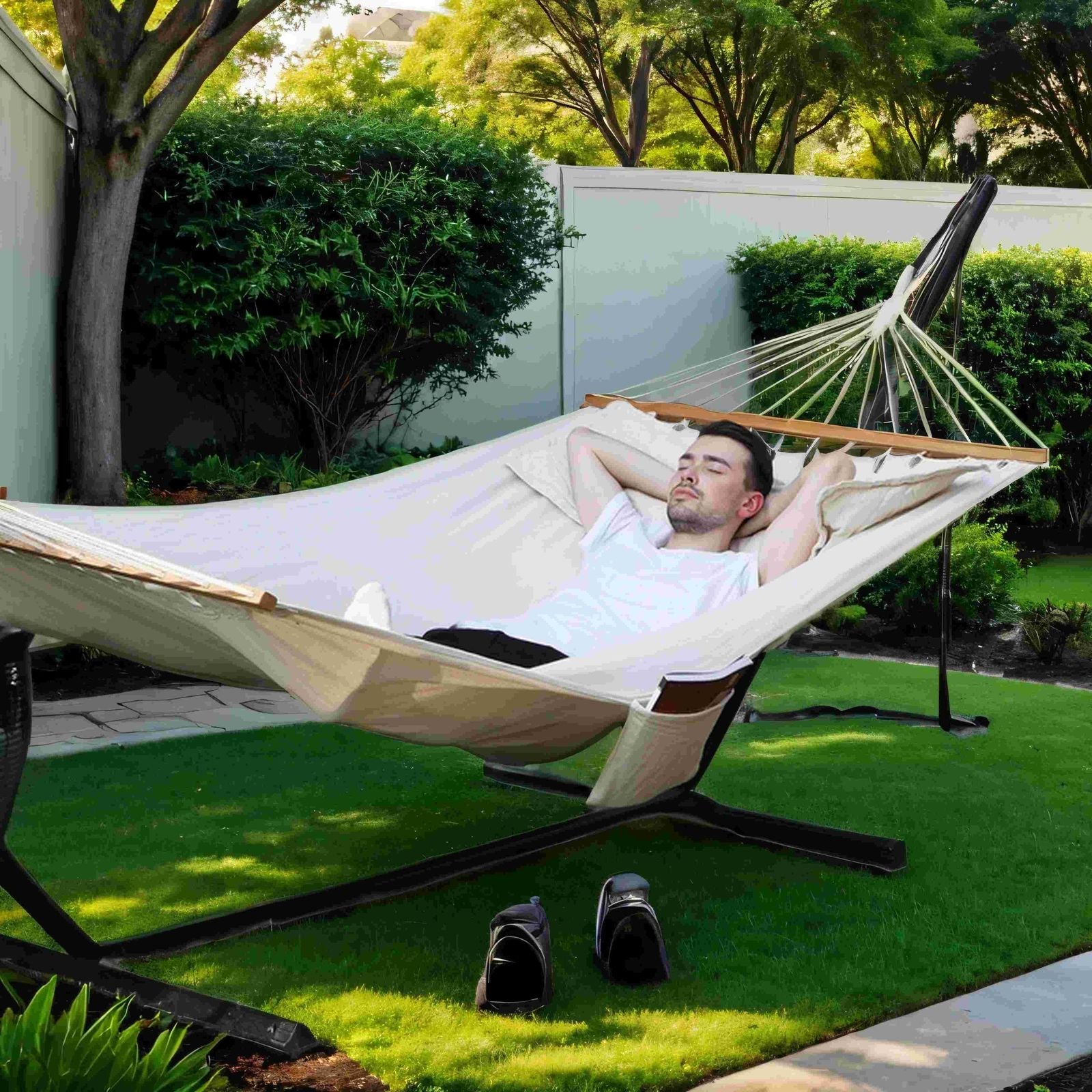 Hammock – Fabric and Wood – Grey/Blue and Green Stripes – Includes 2 Pillows, 300 kg Load Capacity