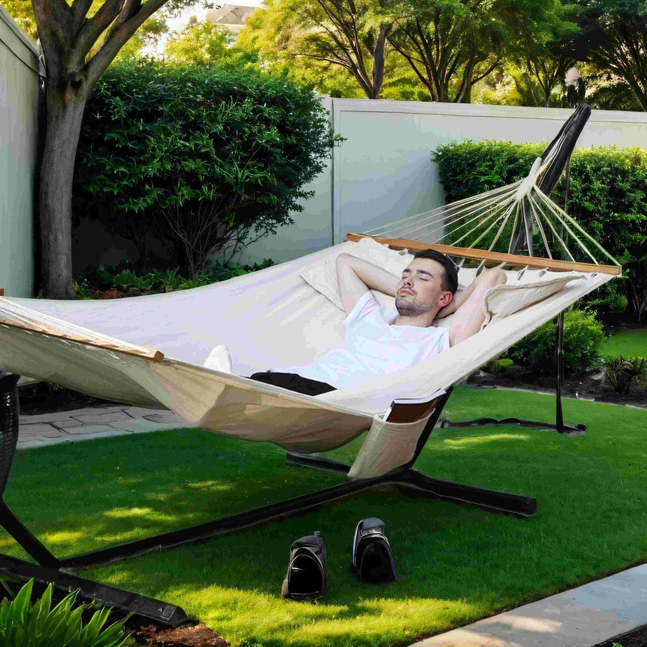 Hammock – Fabric and Wood – Grey/Blue and Green Stripes – Includes 2 Pillows, 300 kg Load Capacity