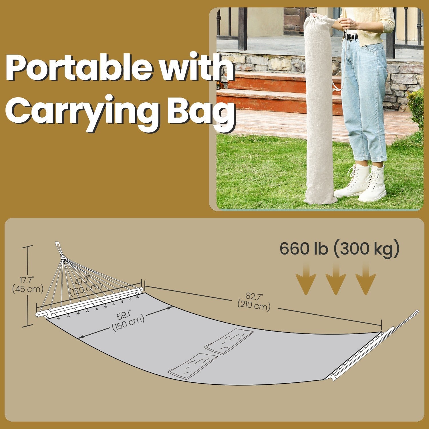 Hammock – Fabric and Wood – Grey/Blue and Green Stripes – Includes 2 Pillows, 300 kg Load Capacity