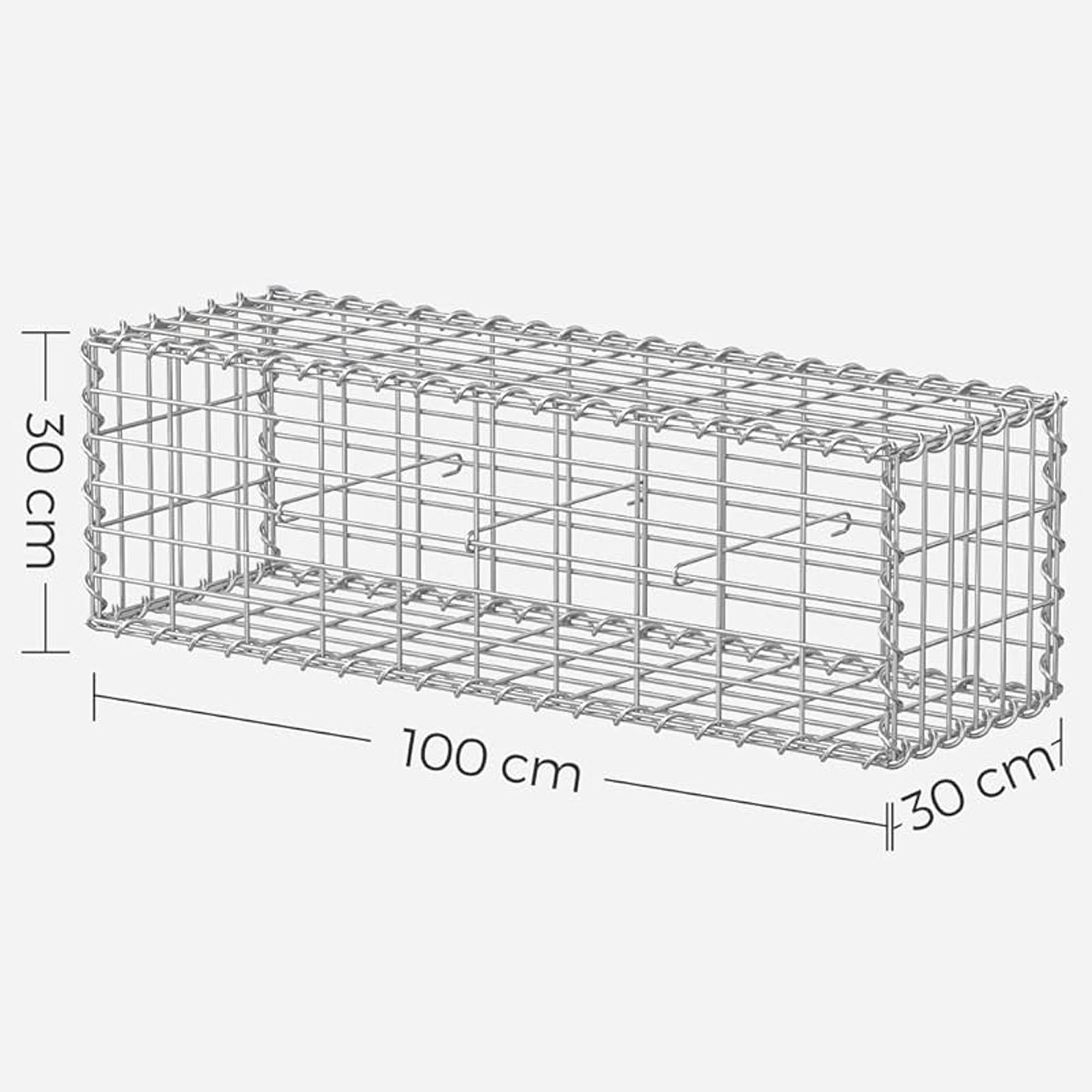 Gabion Cage – Galvanized Metal – Silver – 100 x 30 x 30 cm with 10 x 5 cm Mesh