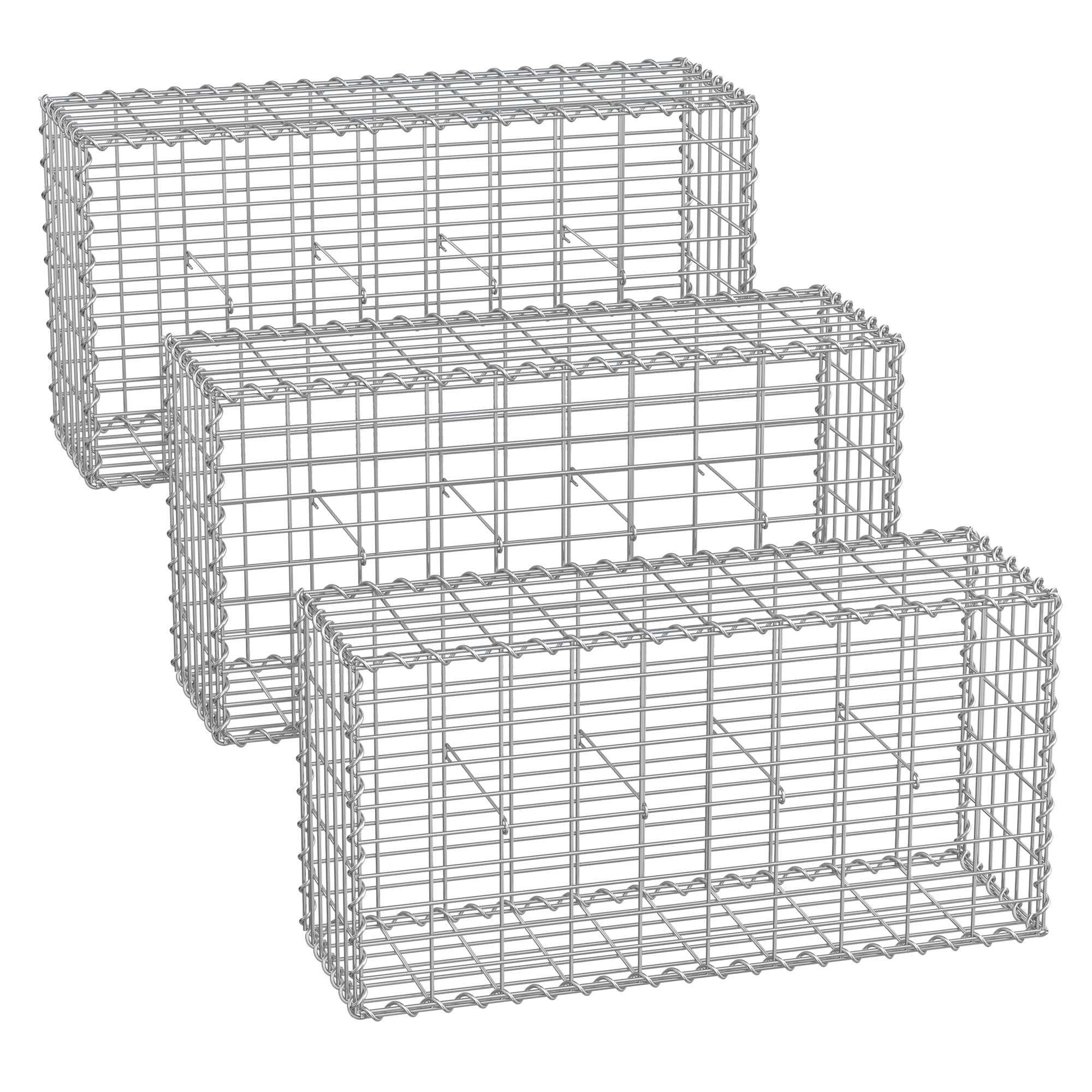 Gabion Basket – Metal – Silver – Set of 3 with Mesh for Garden Wall Partition
