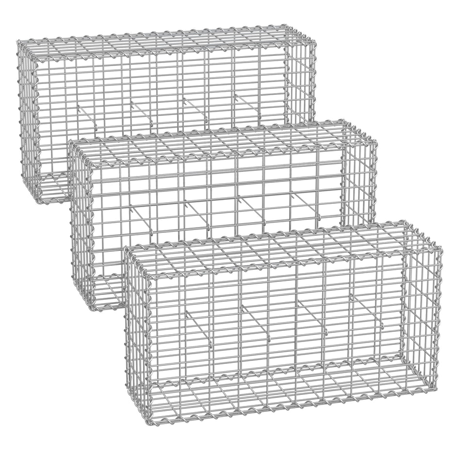 Gabion Basket – Metal – Silver – Set of 3 with Mesh for Garden Wall Partition