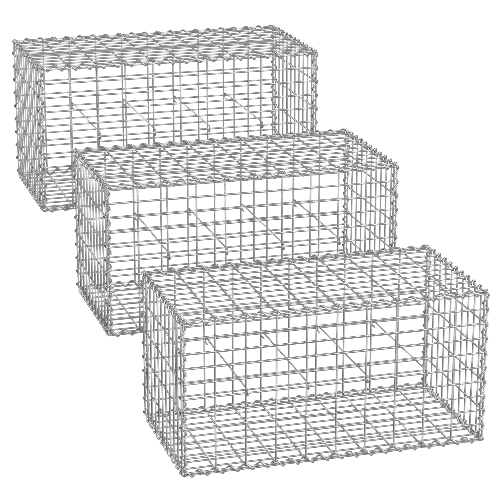 Metal Gabion Cage Basket – Galvanized Steel – Silver – Set of 3 with 5 x 10 cm Mesh for Garden Fence Wall Partition, 100 x 50 x 50 cm