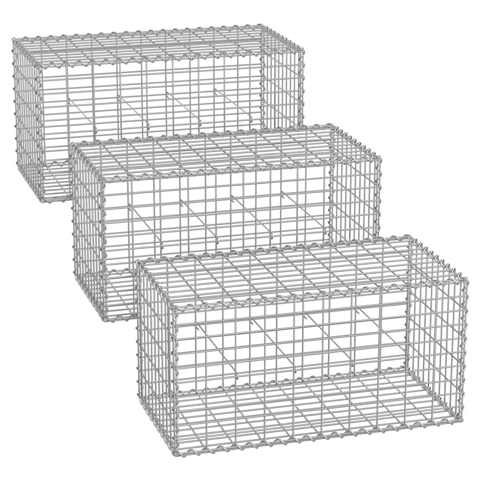 Metal Gabion Cage Basket – Galvanized Steel – Silver – Set of 3 with 5 x 10 cm Mesh for Garden Fence Wall Partition, 100 x 50 x 50 cm