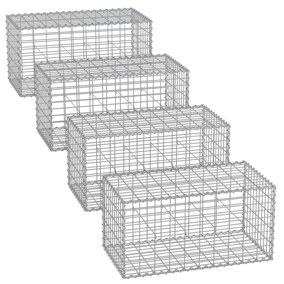 Metal Gabion Cage Basket – Silver – Set of 4 – 5 x 10 cm Mesh for Garden Fence Wall Partition