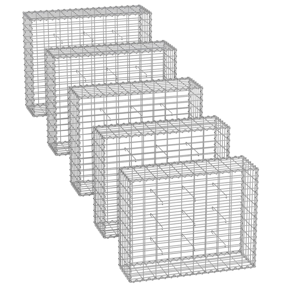 Metal Gabion Cage Basket – Galvanized Steel – 100 x 80 x 30 cm – Set of 5 with 5 x 10 cm Mesh for Stones