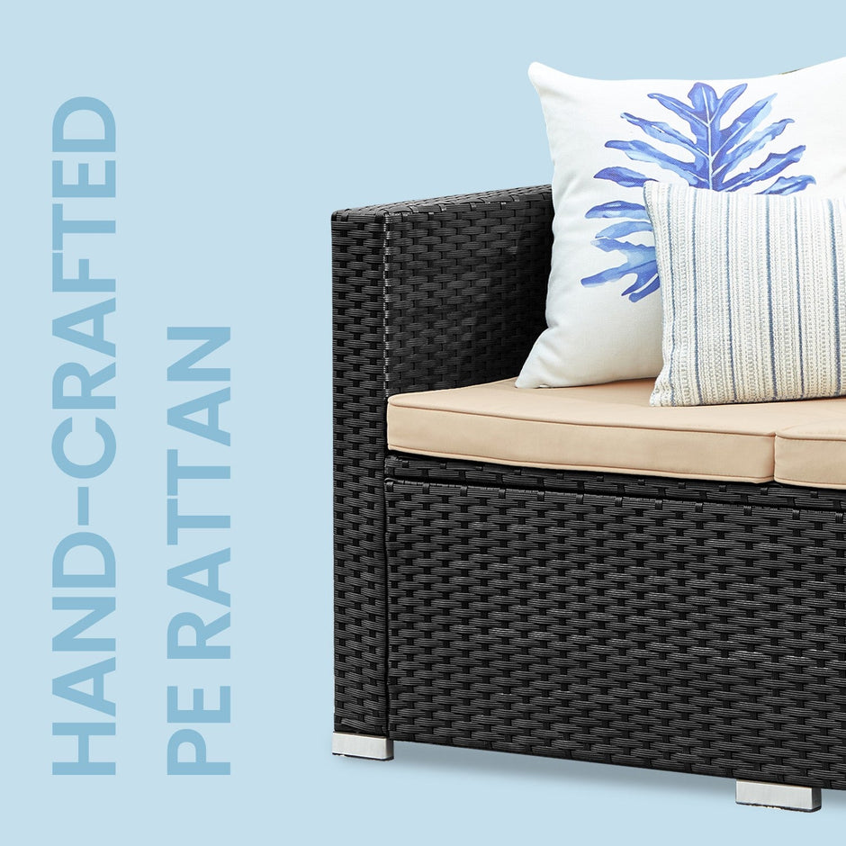 Garden Furniture Set – Handwoven PE Rattan – Brown and Taupe – Outdoor Sofa with Glass Table and Cushions