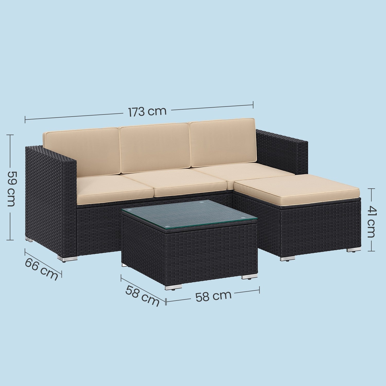 Garden Furniture Set – Handwoven PE Rattan – Brown and Taupe – Outdoor Sofa with Glass Table and Cushions