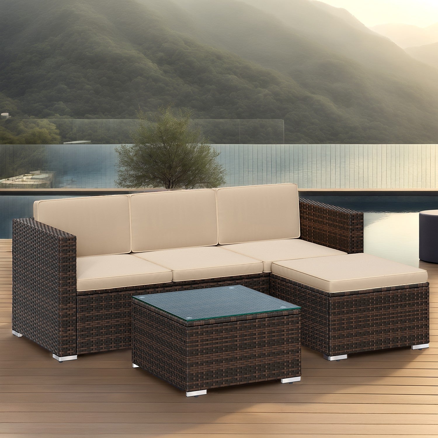 Garden Furniture Set – Handwoven PE Rattan – Brown and Taupe – Outdoor Sofa with Glass Table and Cushions