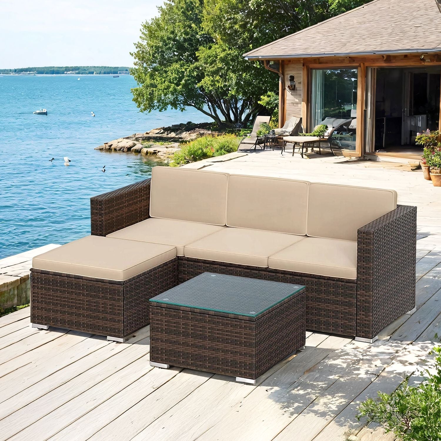 Garden Furniture Set – Handwoven PE Rattan – Brown and Taupe – Outdoor Sofa with Glass Table and Cushions