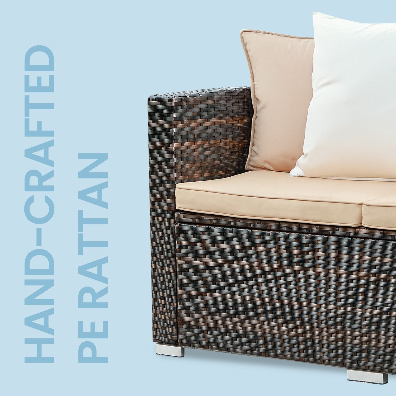 Garden Furniture Set – Handwoven PE Rattan – Brown and Taupe – Outdoor Sofa with Glass Table and Cushions