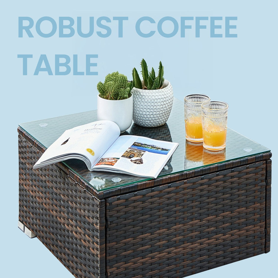 Garden Furniture Set – Handwoven PE Rattan – Brown and Taupe – Outdoor Sofa with Glass Table and Cushions