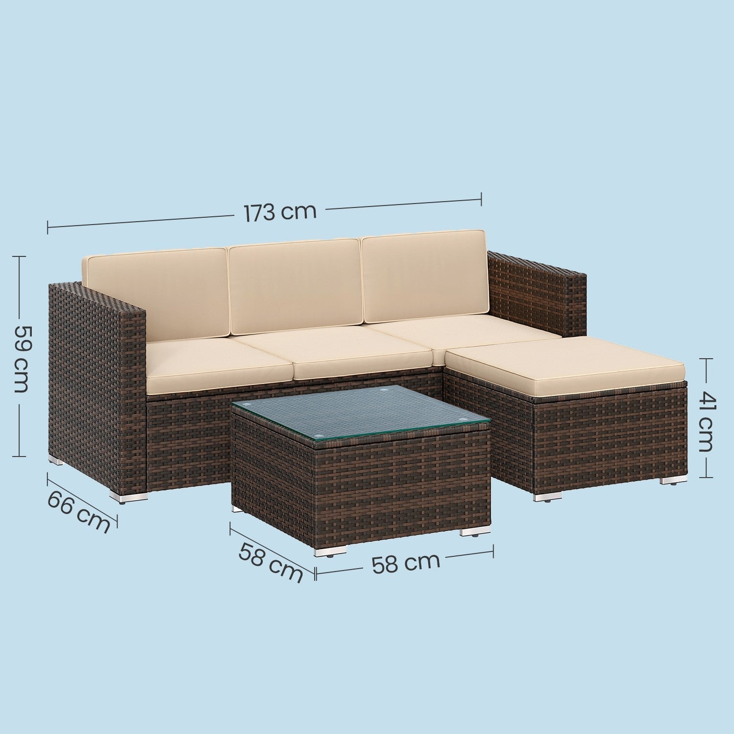 Garden Furniture Set – Handwoven PE Rattan – Brown and Taupe – Outdoor Sofa with Glass Table and Cushions