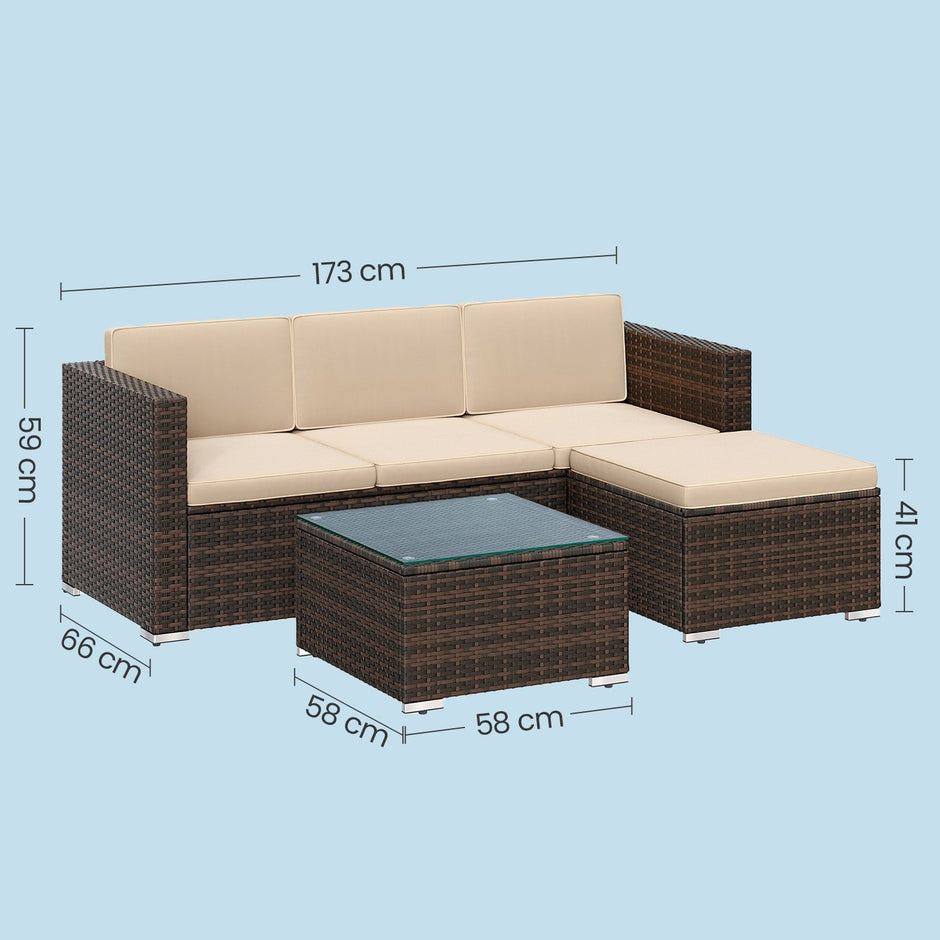 Garden Furniture Set – Handwoven PE Rattan – Brown and Taupe – Outdoor Sofa with Glass Table and Cushions