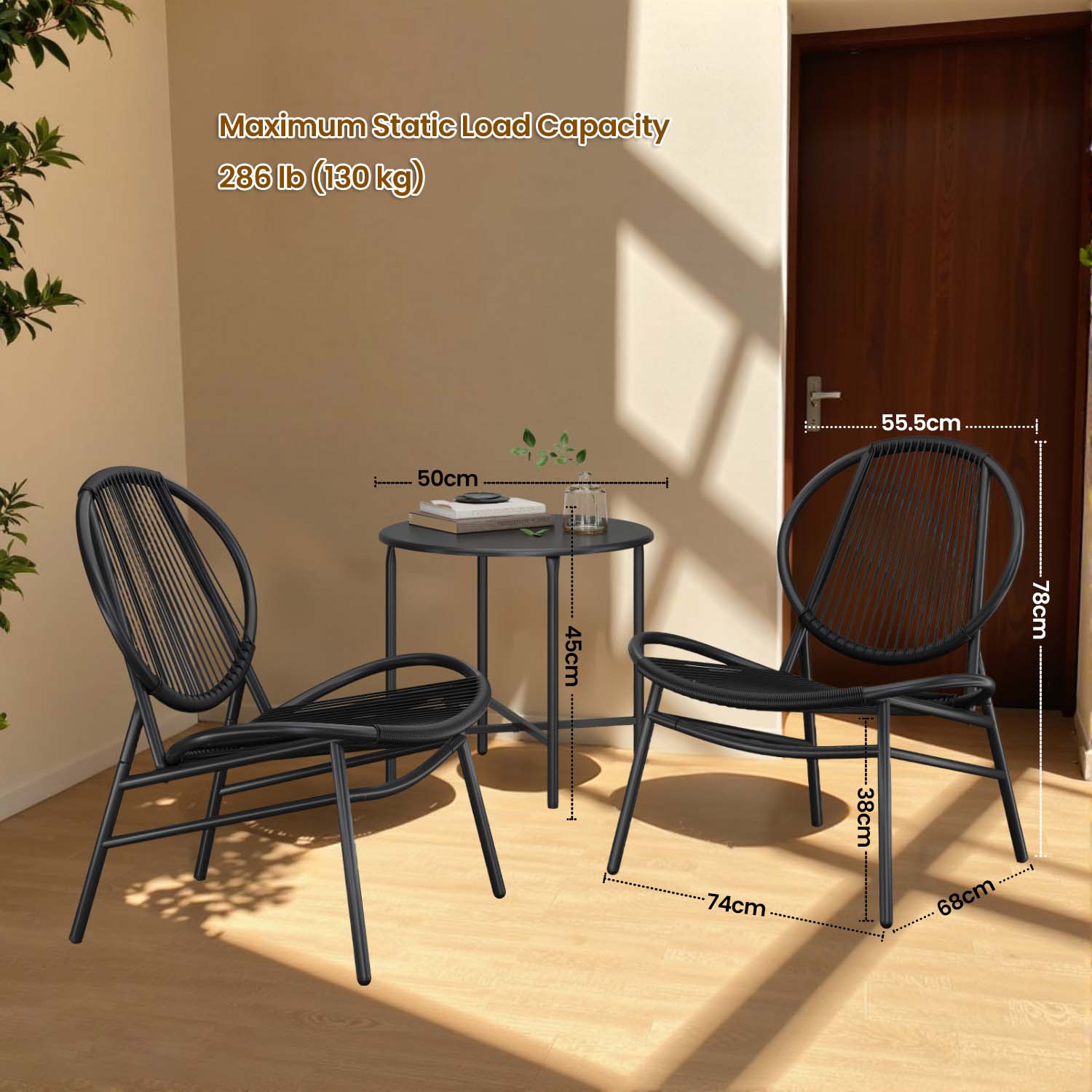 Garden Furniture Set – Metal – Ink Black – Includes 2 Acapulco Chairs and Side Table