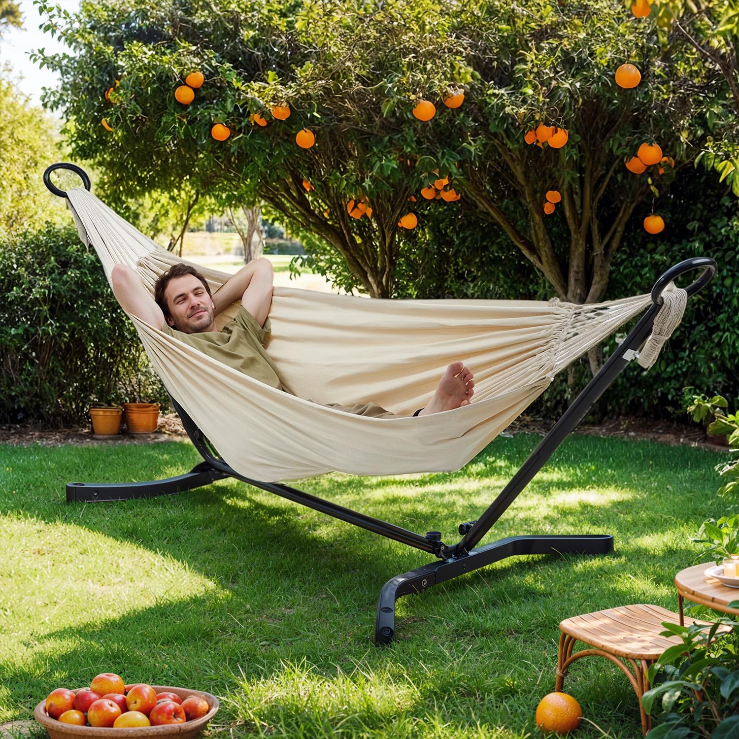 Double Hammock with Stand – Fabric – Black and Beige – 529 lb Load Capacity