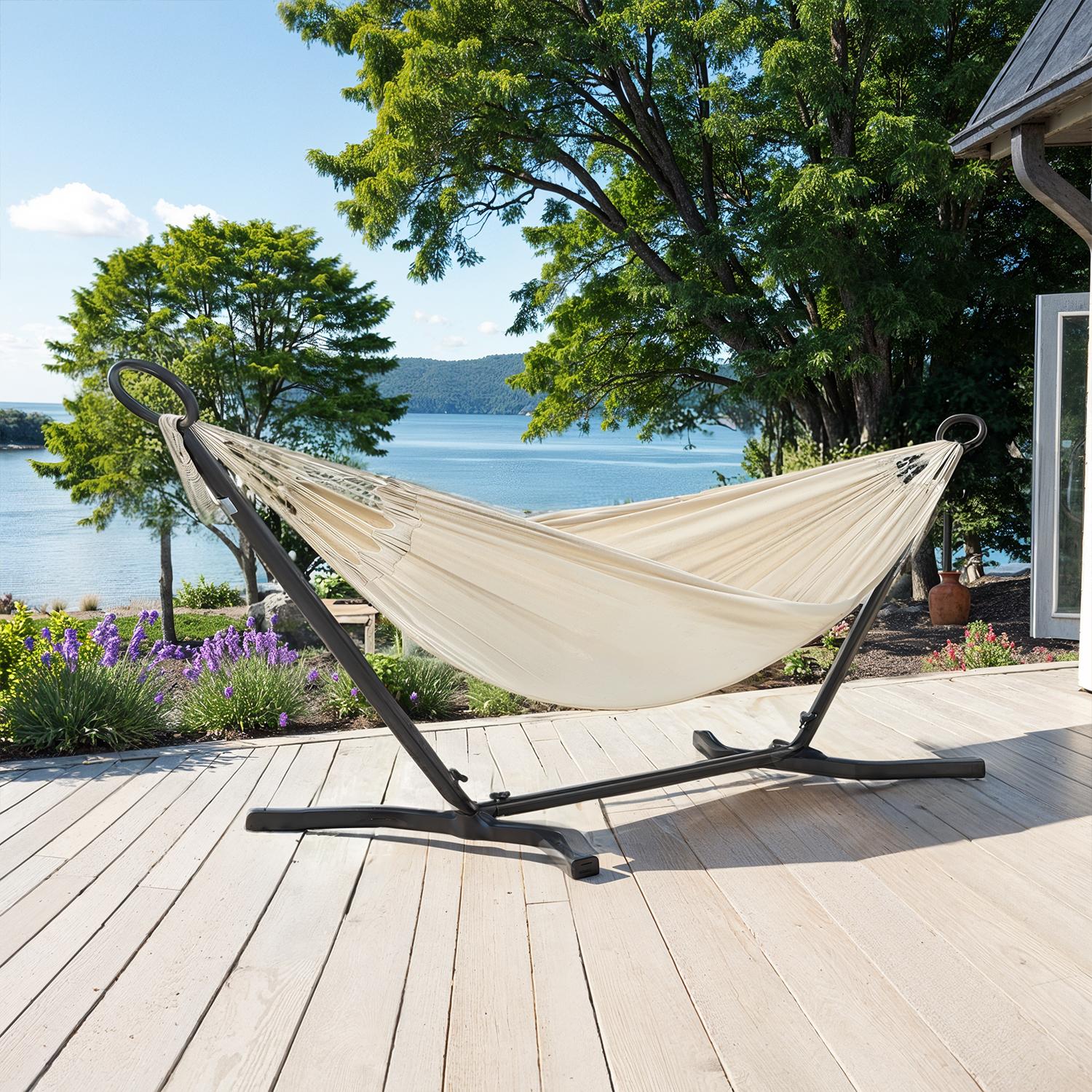 Double Hammock with Stand – Fabric – Black and Beige – 529 lb Load Capacity