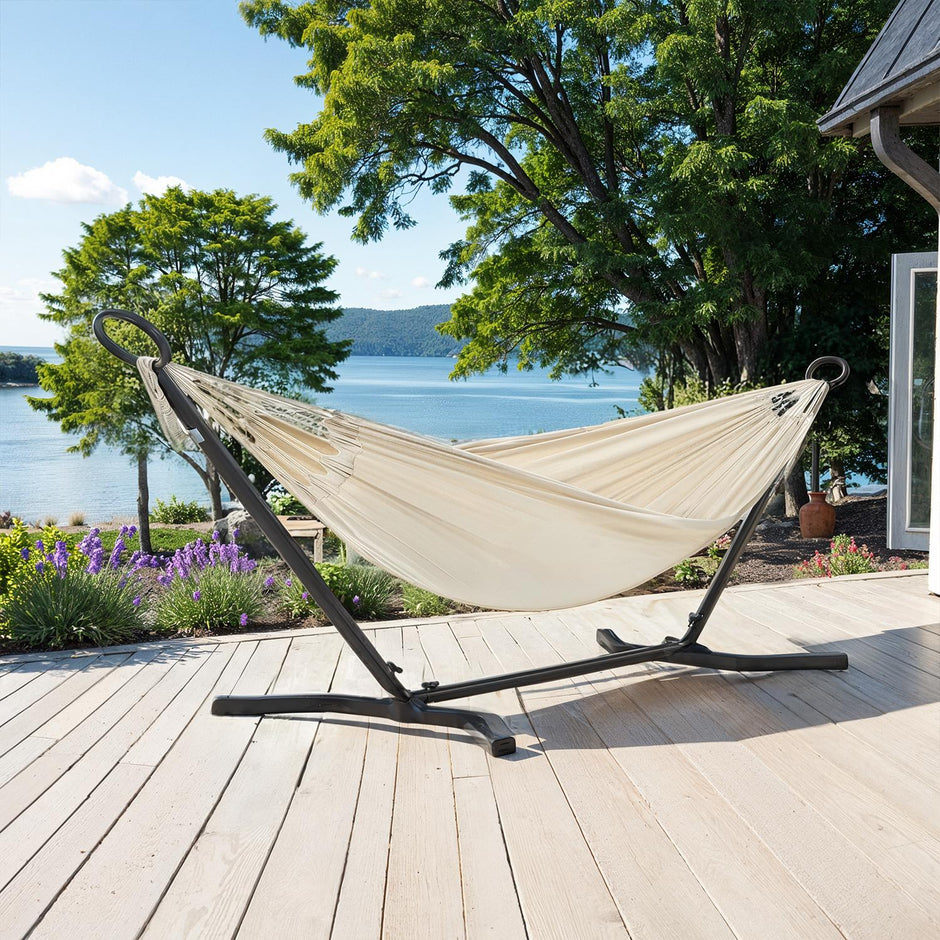 Double Hammock with Stand – Fabric – Black and Beige – 529 lb Load Capacity