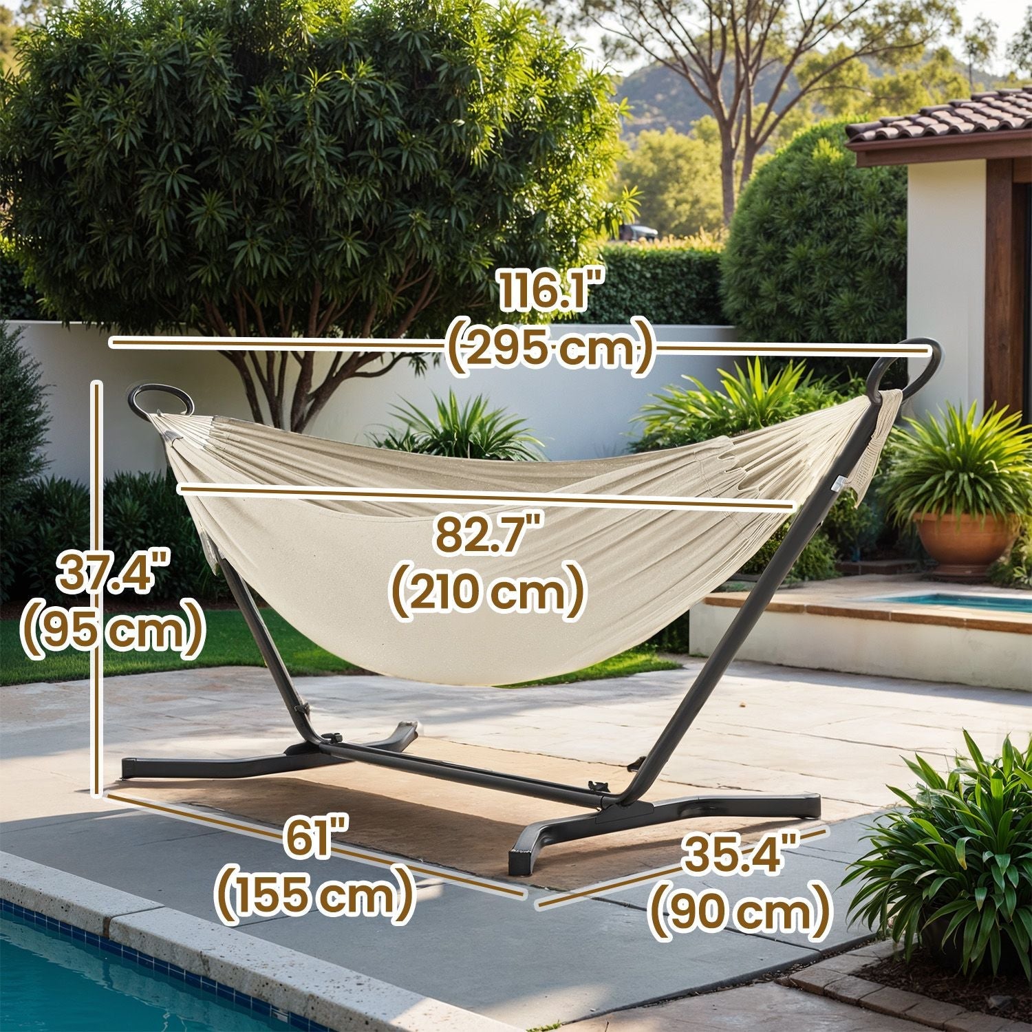 Double Hammock with Stand – Fabric – Black and Beige – 529 lb Load Capacity