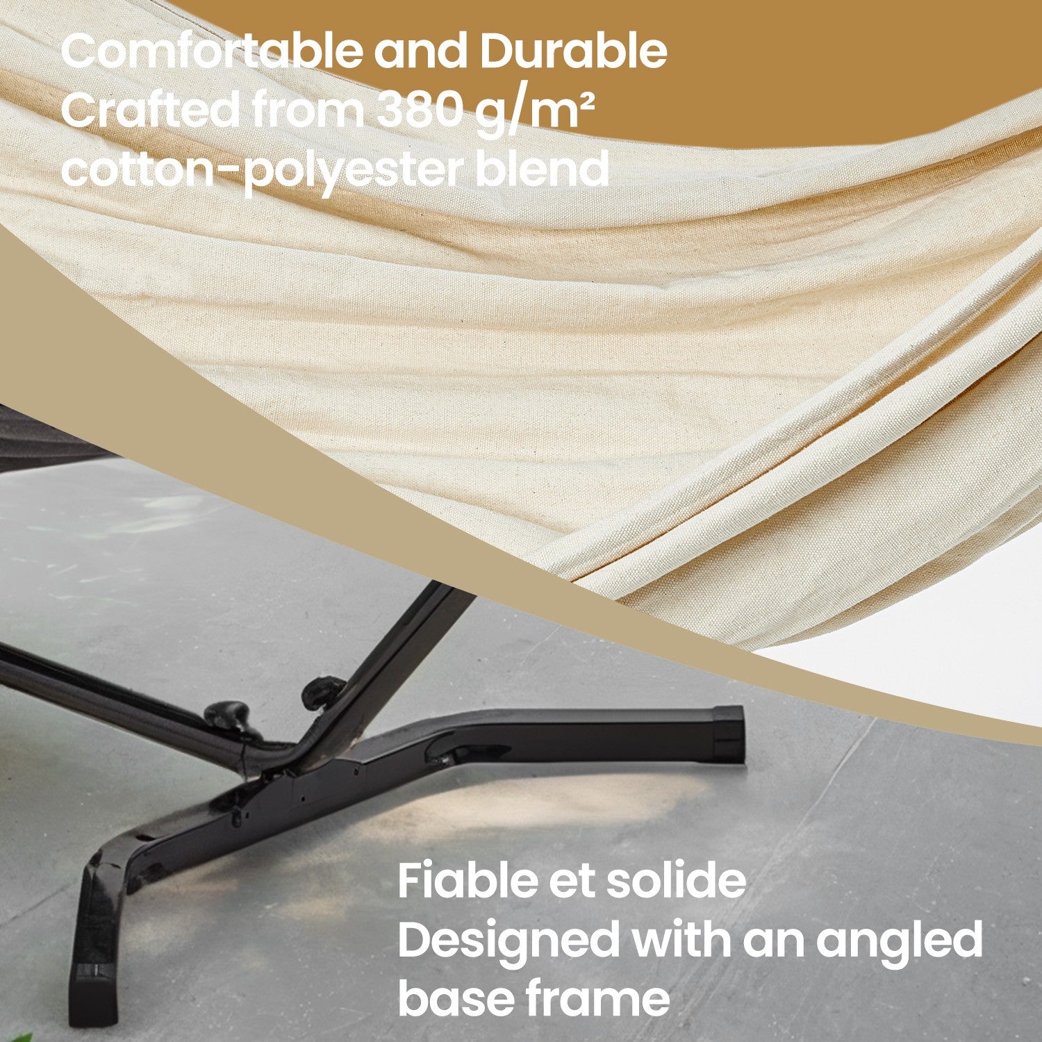 Double Hammock with Stand – Fabric – Black and Beige – 529 lb Load Capacity