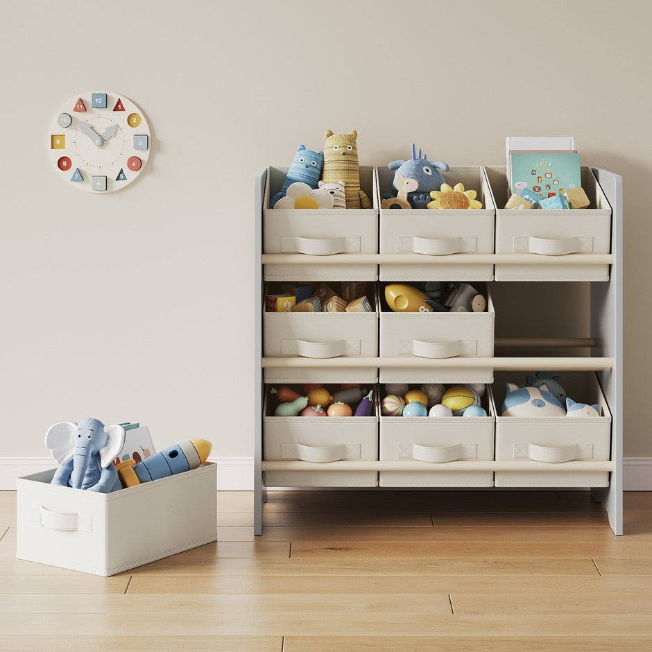 Toy Organiser – Non-Woven Fabric – Cloud White – Spacious Design with 9 Storage Boxes