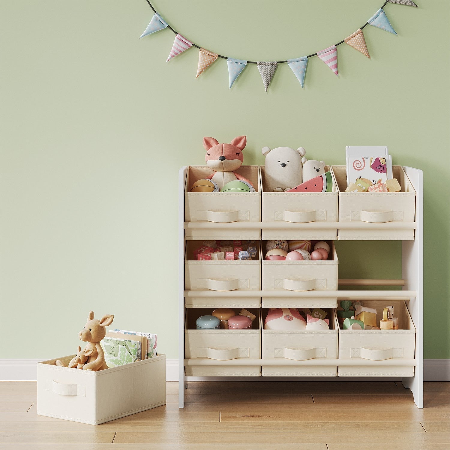 Toy Organiser – Non-Woven Fabric – Cloud White – Spacious Design with 9 Storage Boxes
