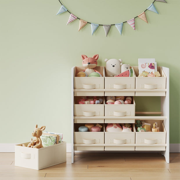 Toy Organiser – Non-Woven Fabric – Cloud White – Spacious Design with 9 Storage Boxes