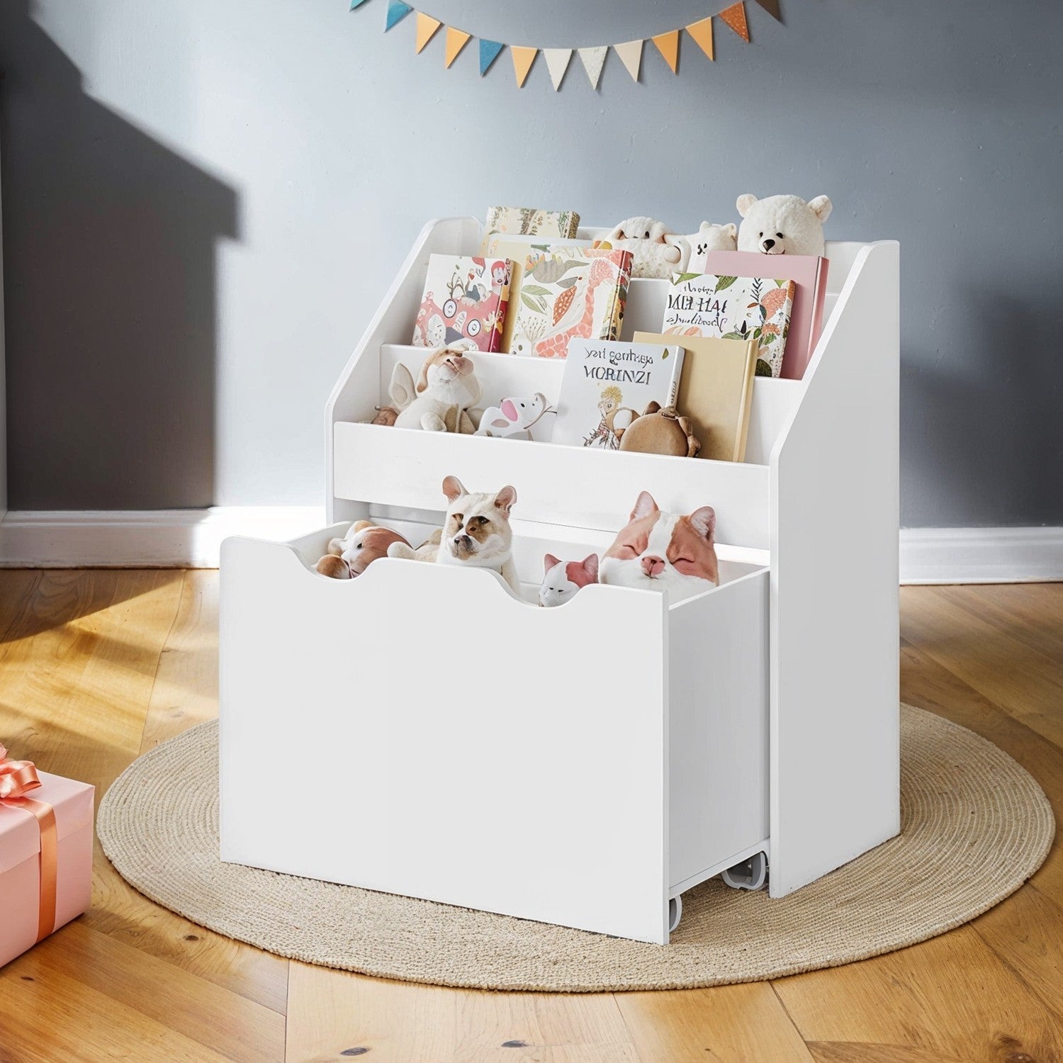 Toy Storage Rack – Wood – Multicolor – 3 Shelves with Wheels for Children's Room and Playroom