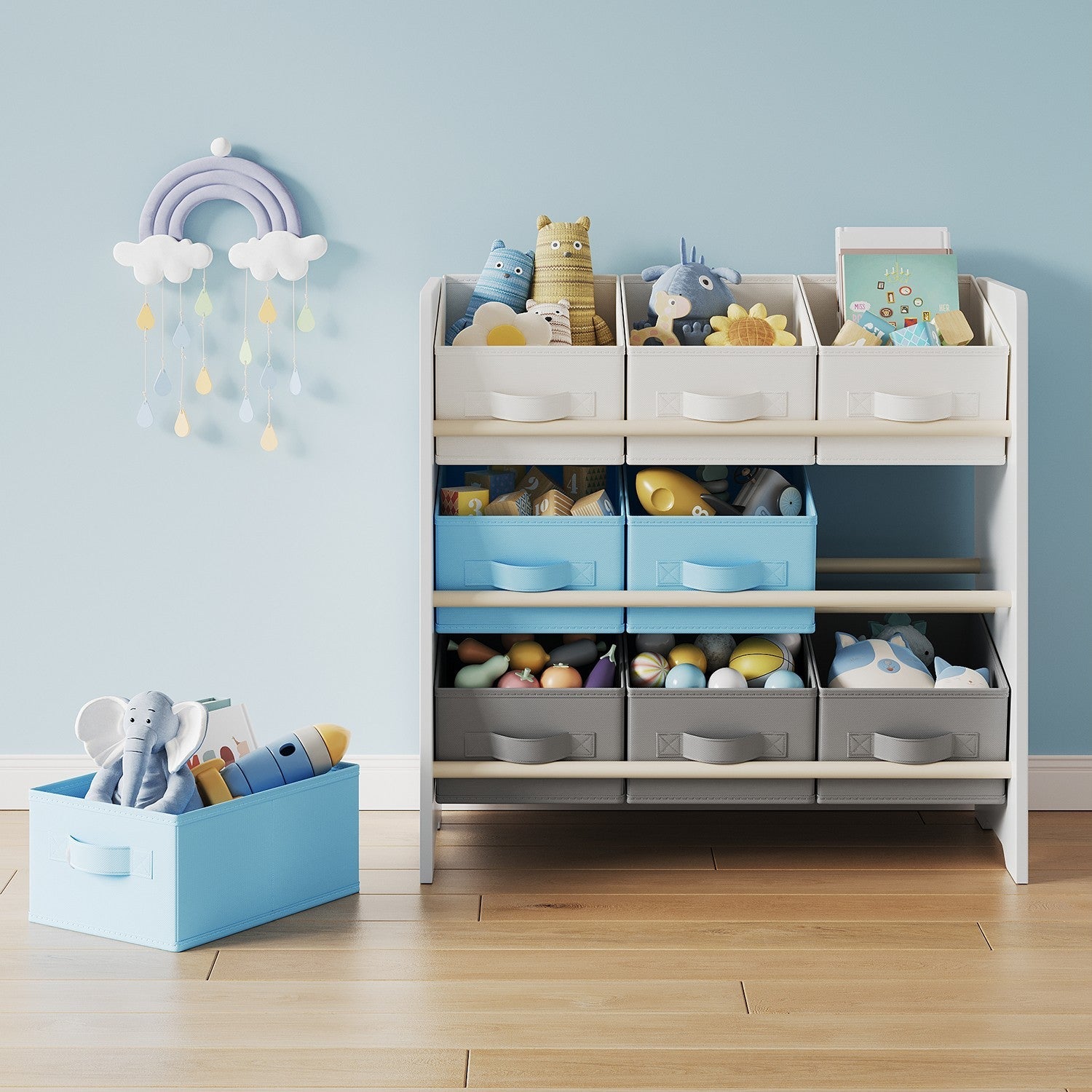 Toy Organiser – Non-Woven Fabric – Cloud White with Pattern – Spacious Design with 9 Storage Boxes