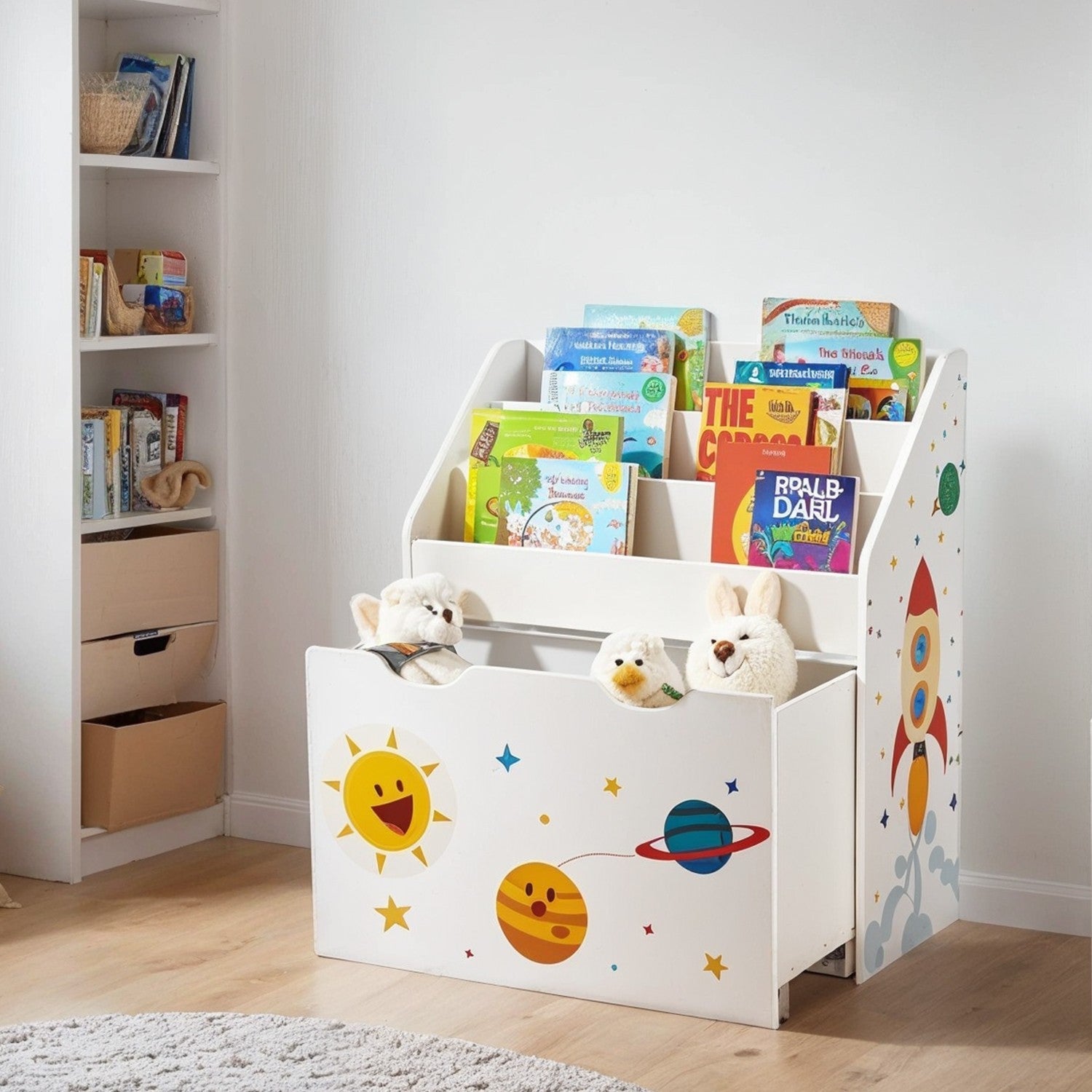 Toy Storage Rack – Wood – White – 3 Shelves with Removable Storage Box and Wheels