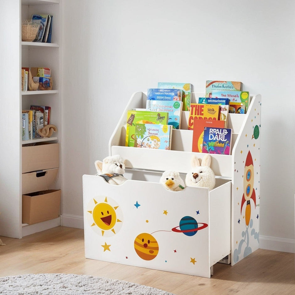 Toy Storage Rack – Wood – White – 3 Shelves with Removable Storage Box and Wheels
