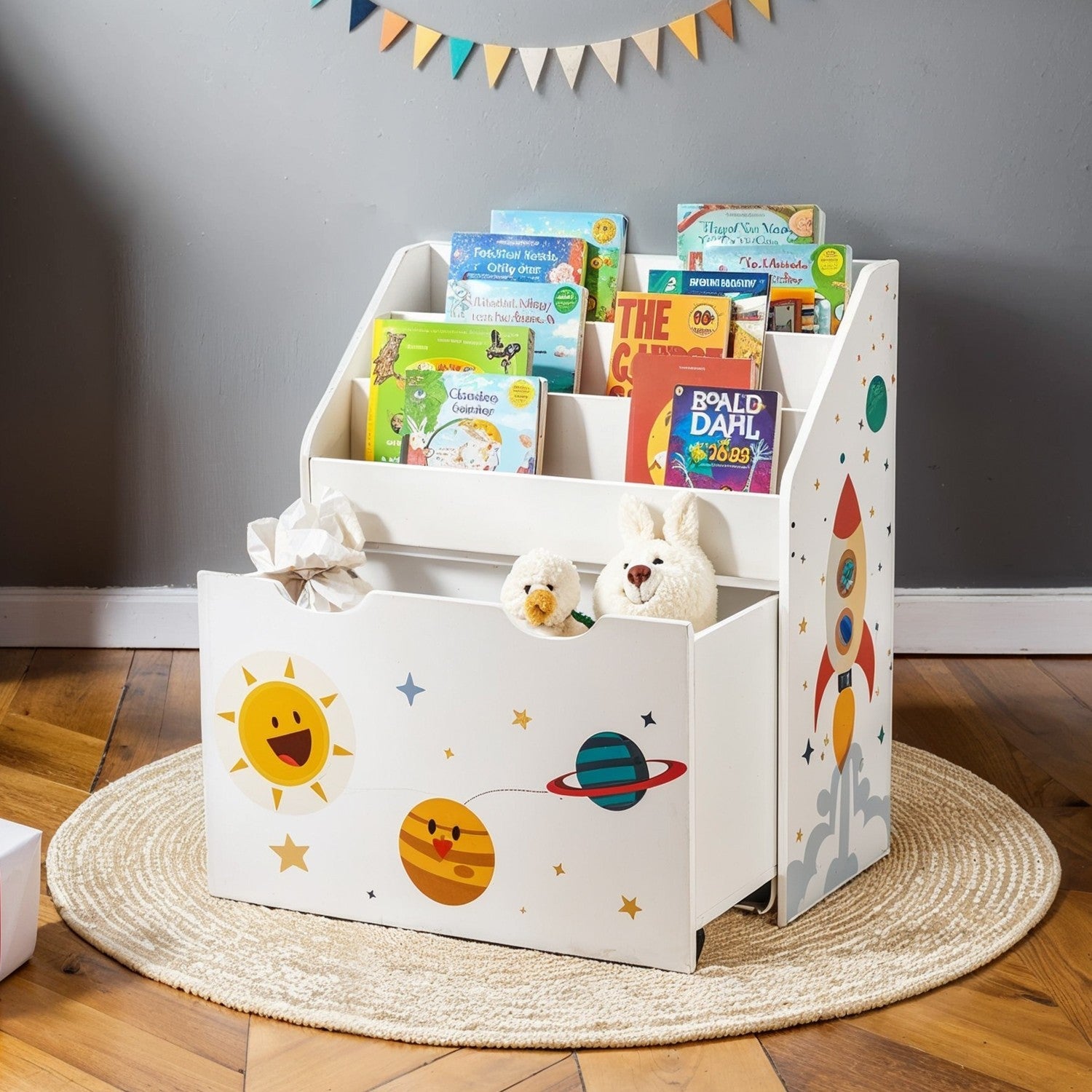Toy Storage Rack – Wood – White – 3 Shelves with Removable Storage Box and Wheels
