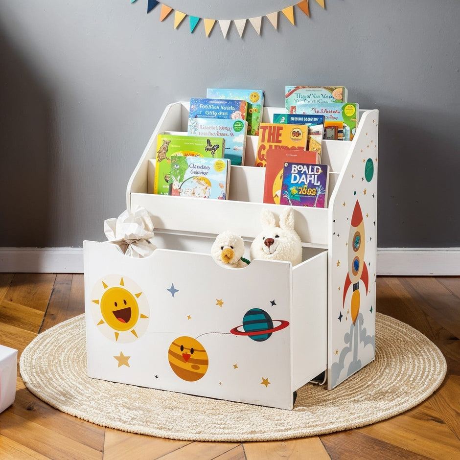 Toy Storage Rack – Wood – White – 3 Shelves with Removable Storage Box and Wheels