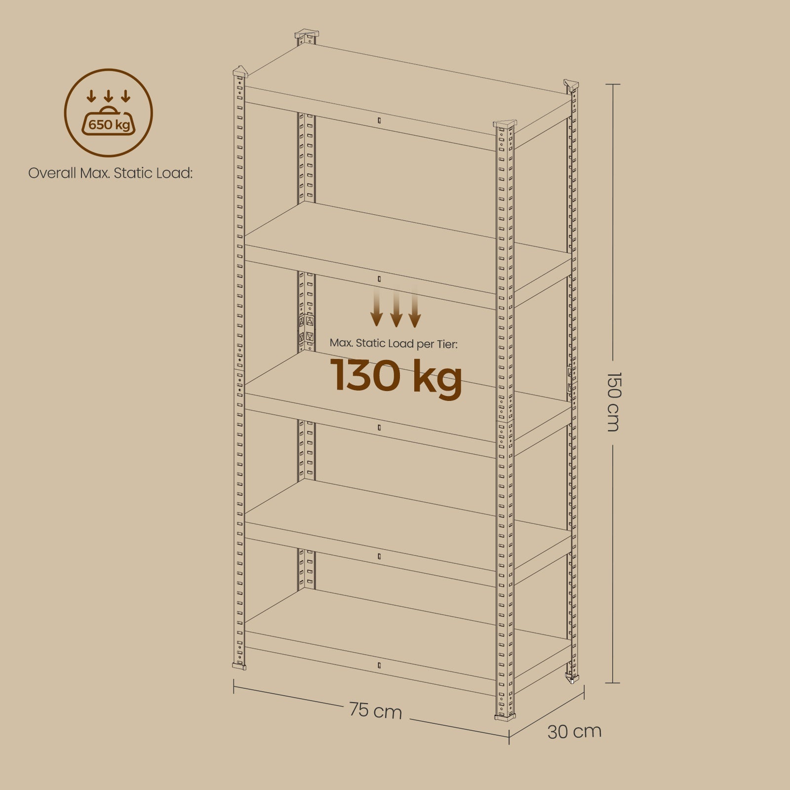 5-Tier Storage Shelving Unit – Metal – Brown and Black – Adjustable Shelves, Industrial Design, 650 kg Capacity