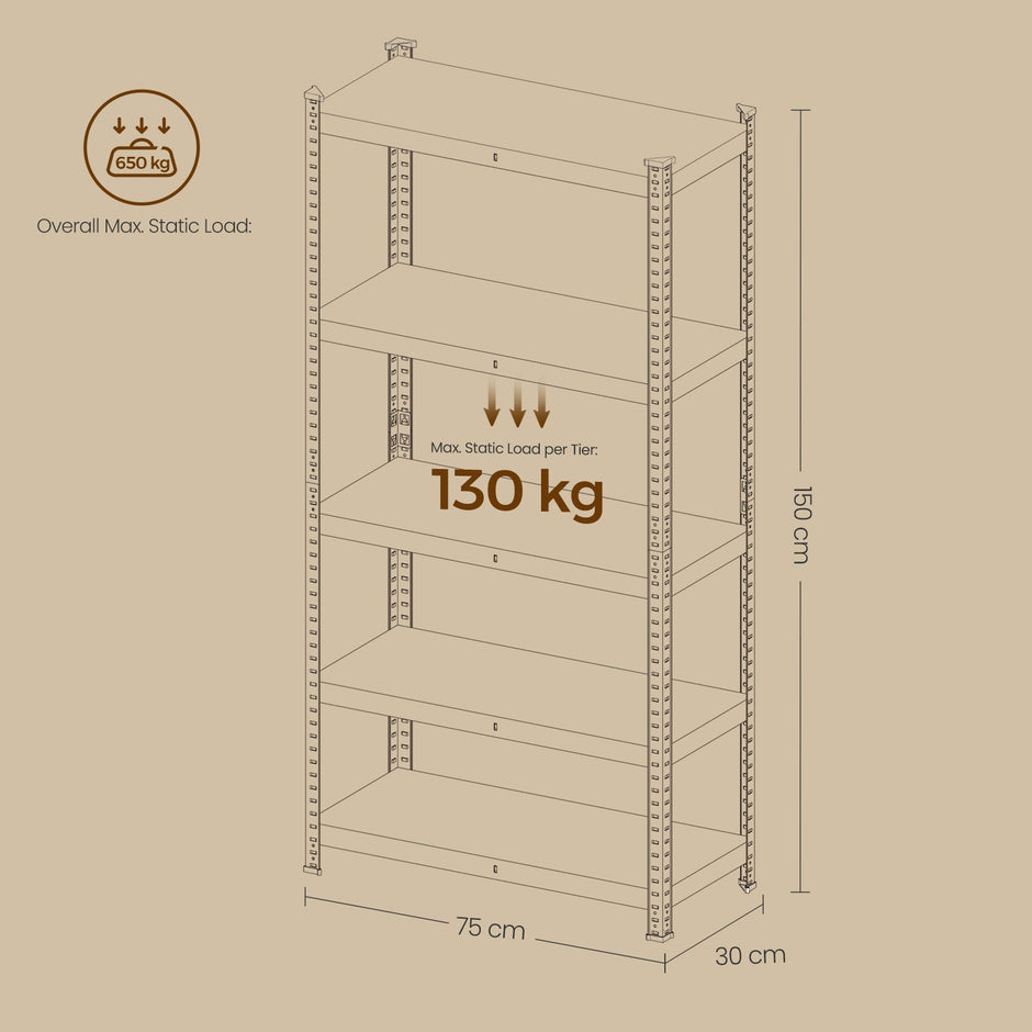 5-Tier Storage Shelving Unit – Metal – Brown and Black – Adjustable Shelves, Industrial Design, 650 kg Capacity