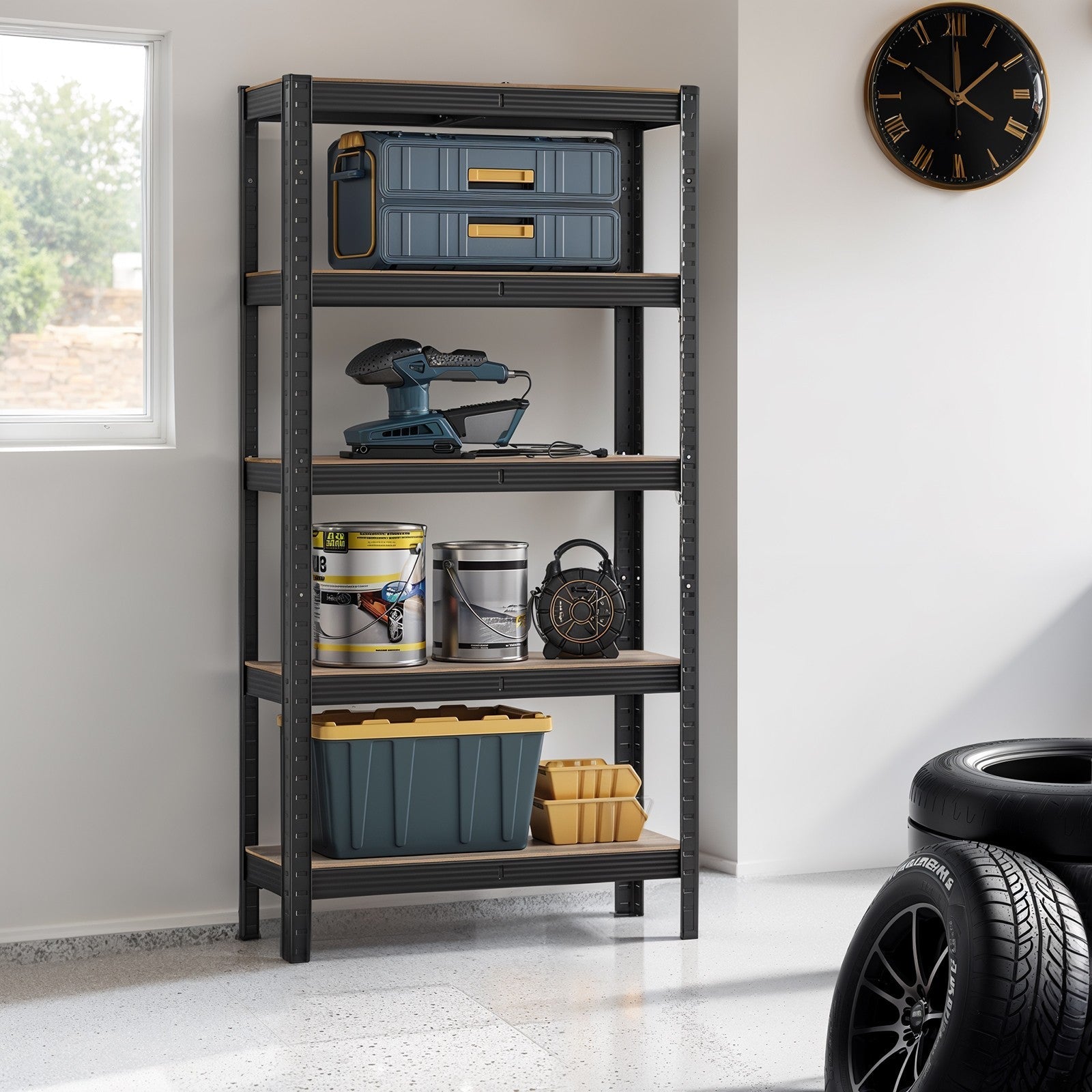 5-Tier Shelving Unit – Metal – Silver/Greige and Black/Rustic Brown – Adjustable Shelves, 650 kg Capacity