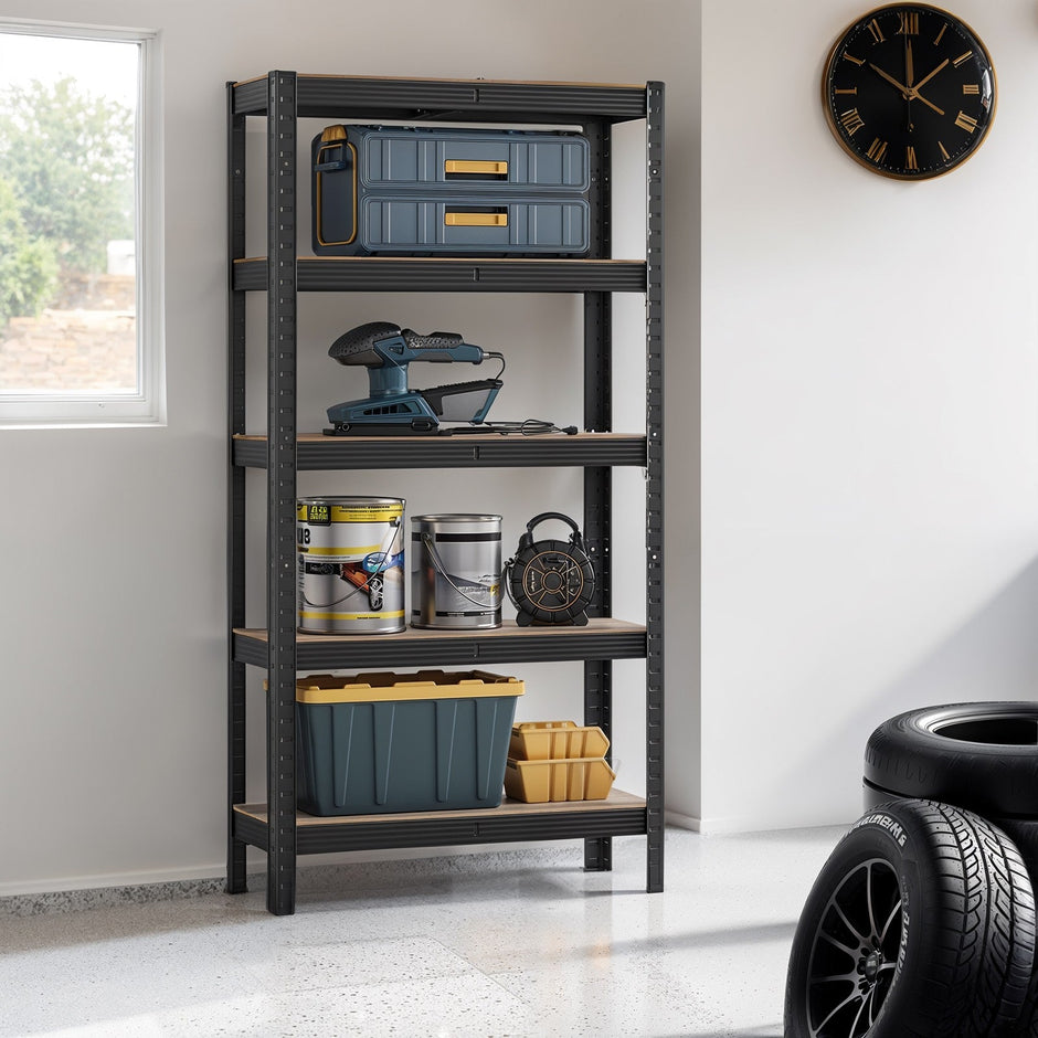 5-Tier Shelving Unit – Metal – Silver/Greige and Black/Rustic Brown – Adjustable Shelves, 650 kg Capacity