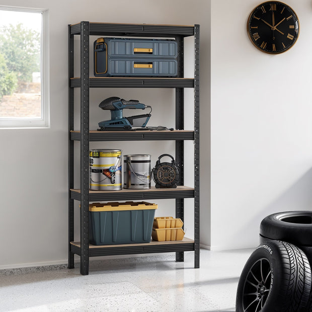 5-Tier Shelving Unit – Metal – Silver/Greige and Black/Rustic Brown – Adjustable Shelves, 650 kg Capacity