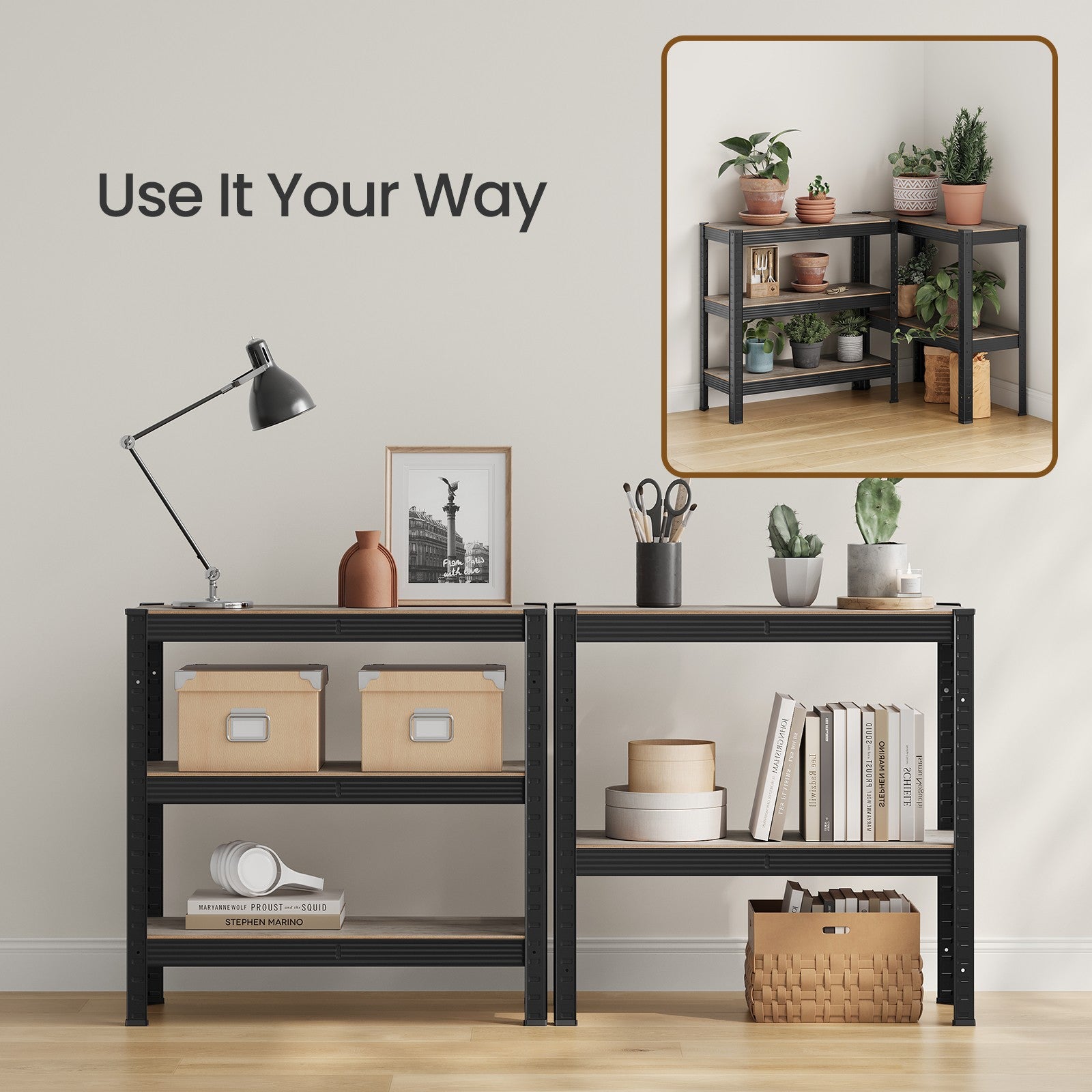 5-Tier Shelving Unit – Metal – Silver/Greige and Black/Rustic Brown – Adjustable Shelves, 650 kg Capacity