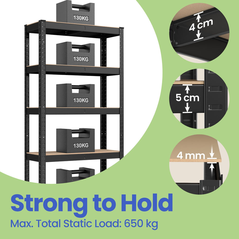 5-Tier Shelving Unit – Steel – Silver/Greige and Black/Rustic Brown – Adjustable Shelves with 650 kg Load Capacity