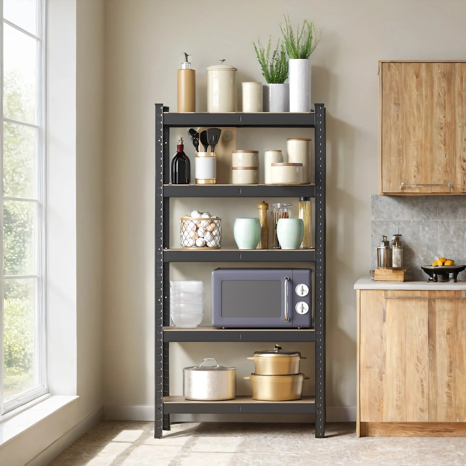 5-Tier Shelving Unit – Steel – Silver/Greige and Black/Rustic Brown – Adjustable Shelves with 650 kg Load Capacity