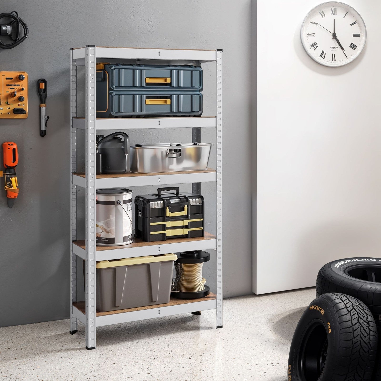 5-Tier Shelving Unit – Metal – Silver/Greige and Black/Rustic Brown – Adjustable Shelves, 650 kg Capacity